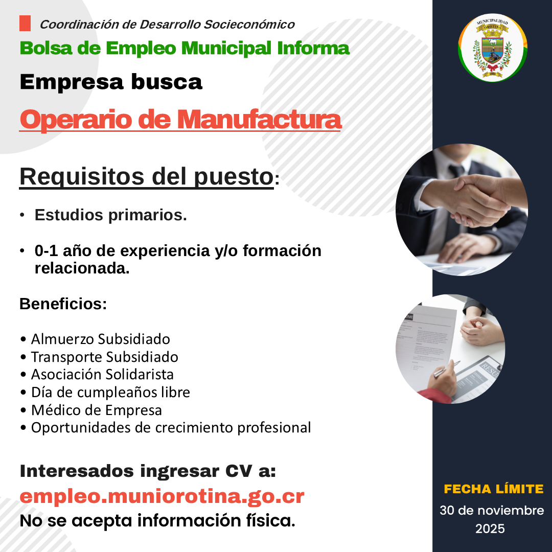 SE BUSCA OPERARIO DE MANUFACTURA